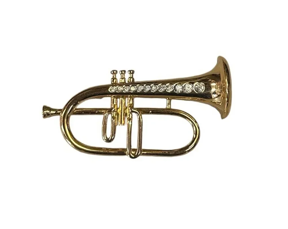D'ORLAN Vintage Trumpet Pin Clear Rhinestones Gold Tone Brooch